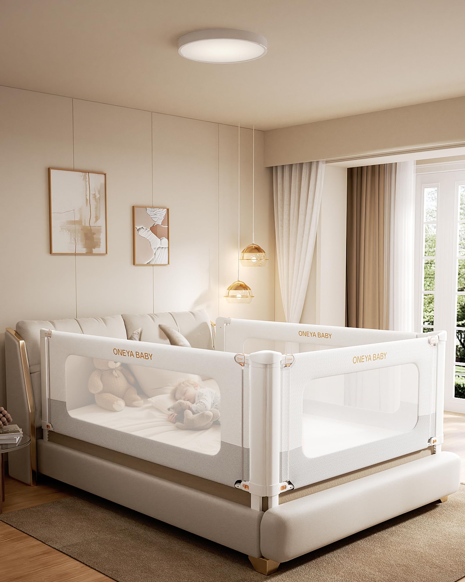 ONEYA BABY bed rail guard assembly shows durable aluminum for secure toddler sleep