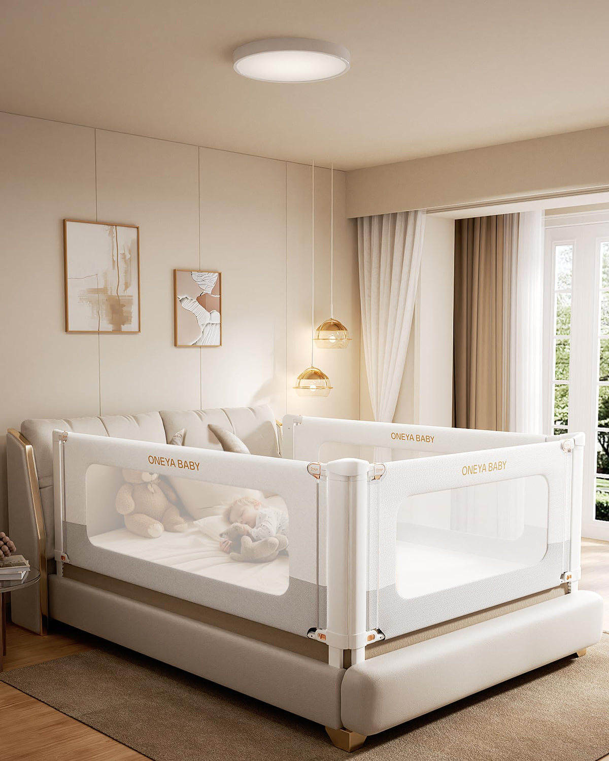 ONEYA BABY bed rail guard assembly shows durable aluminum for secure toddler sleep
