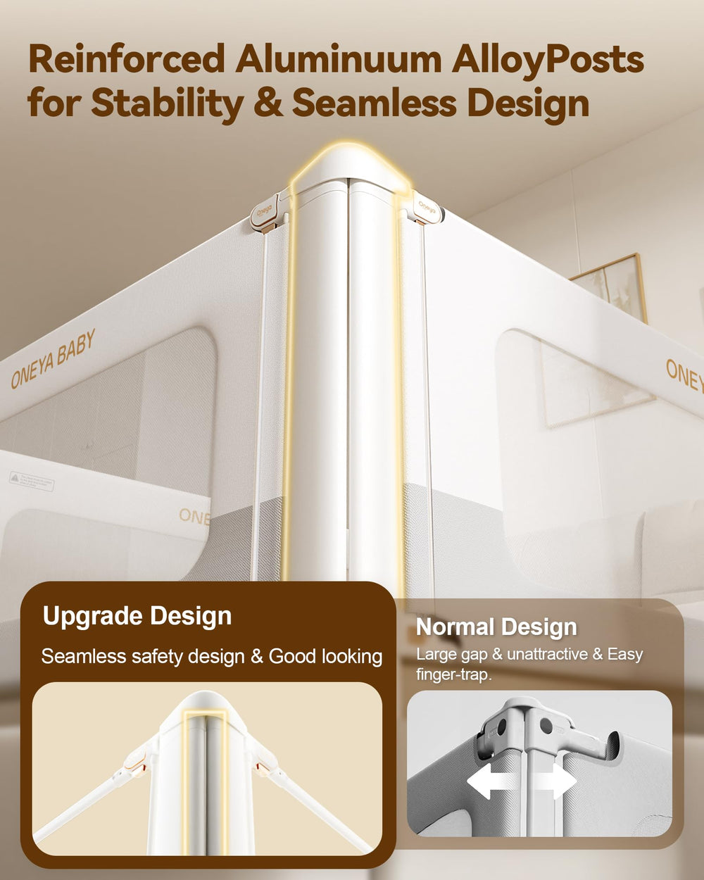 ONEYA BABY bed rail guard close-up on durable aluminum construction