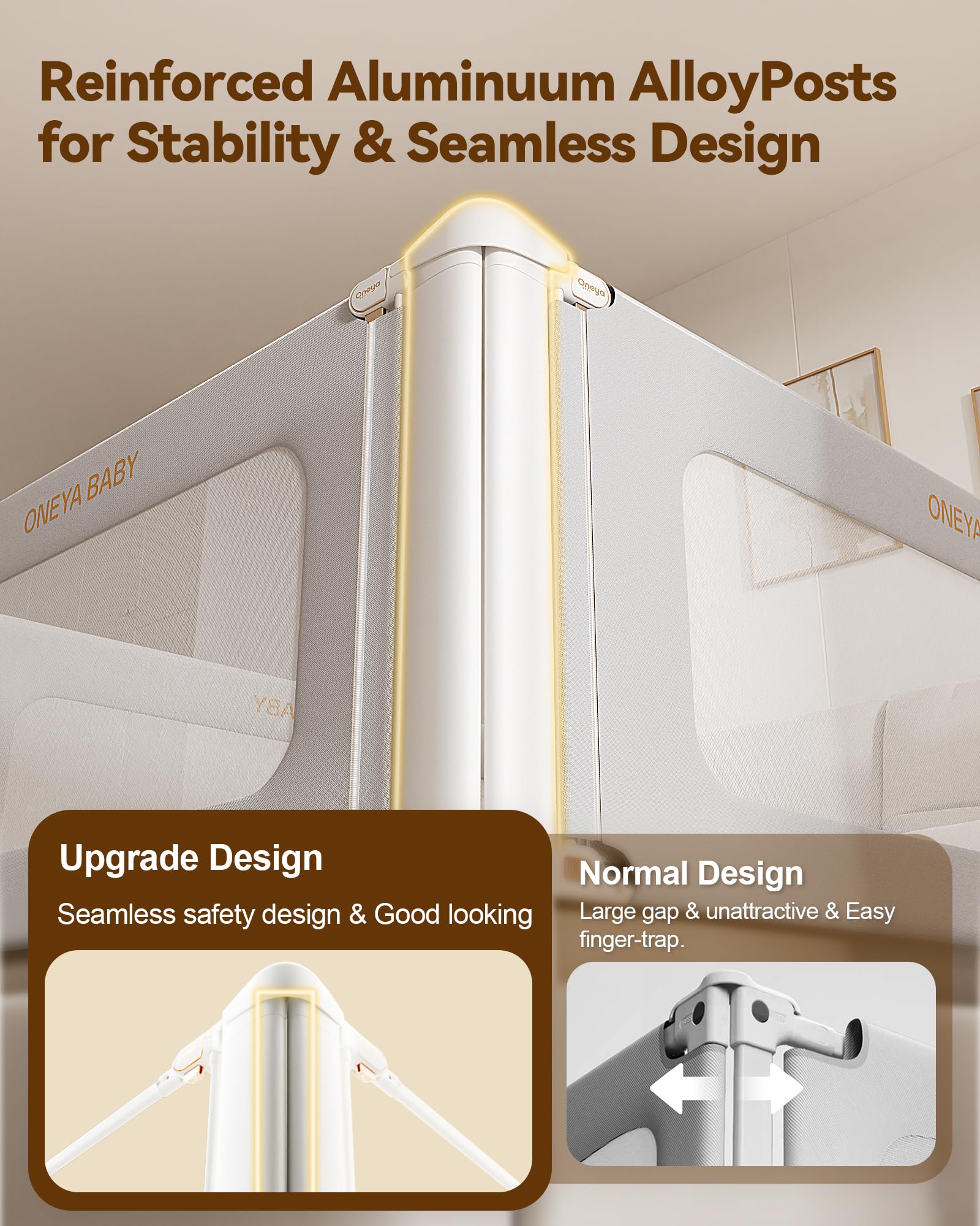 ONEYA BABY bed rail guard extended height for taller safeguarding on larger beds.