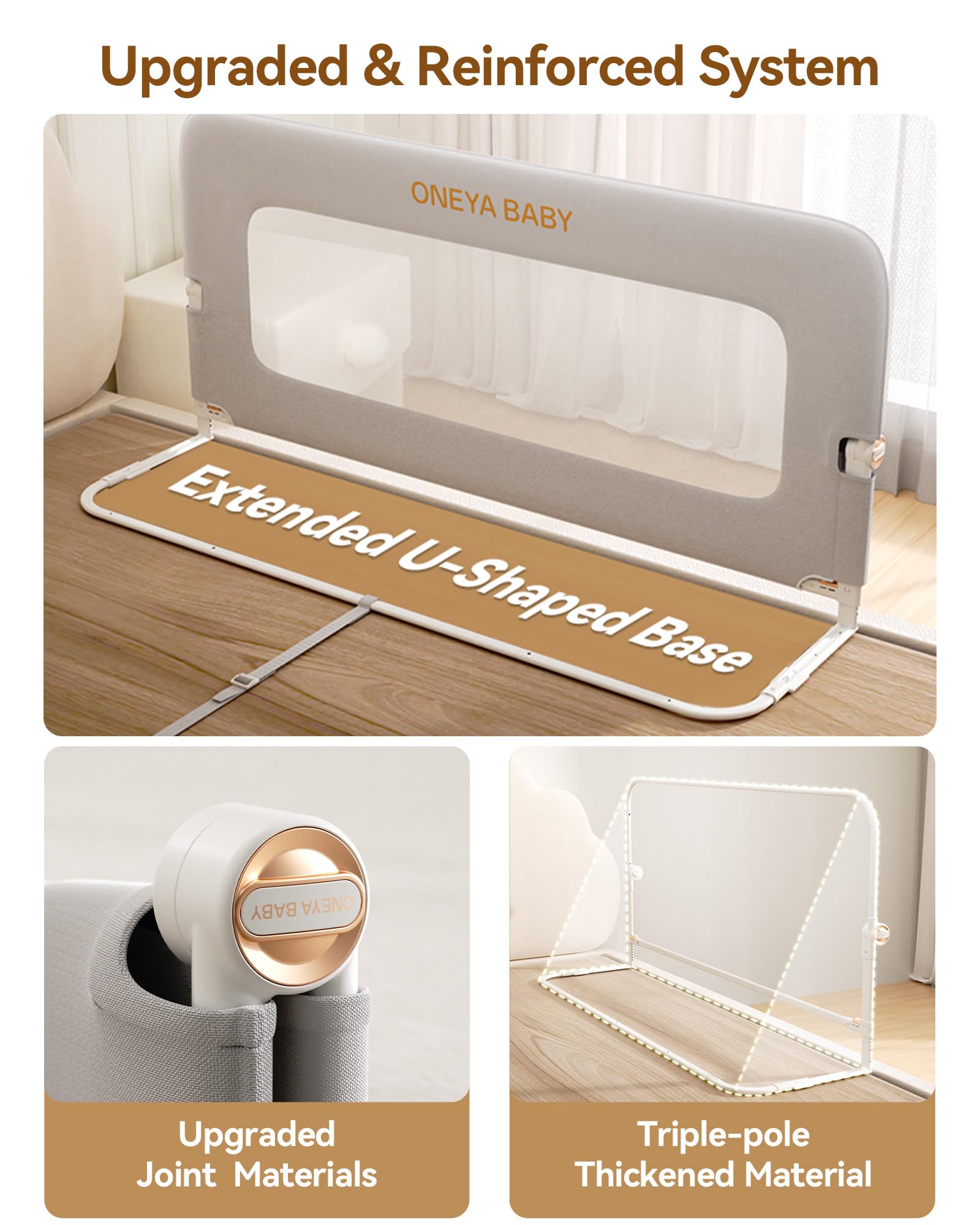 ONEYA BABY bed rail guard fold-down mechanism for easy access