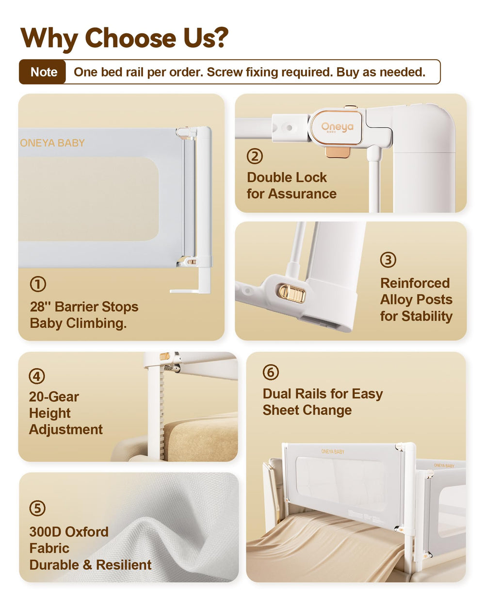 ONEYA BABY bed rail side-assembly facilitates quick setup and stable installation.