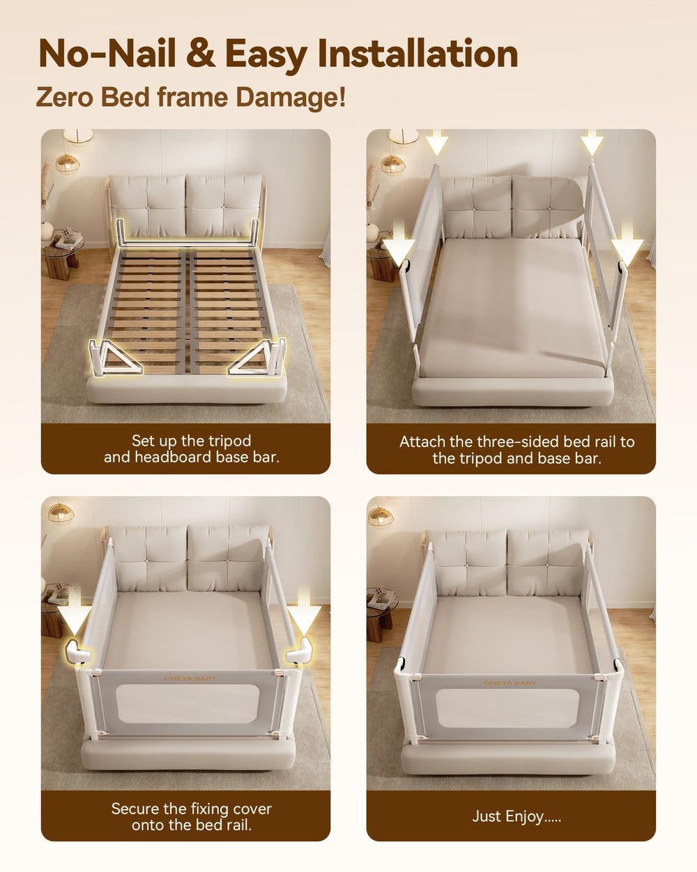 ONEYA BABY king-size setup shows sturdy, tall guard for confident toddler sleep safety.