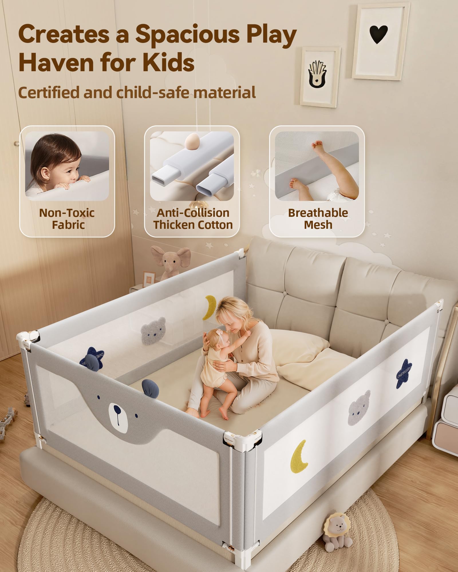 ONEYA BABY machine-washable cover keeps the rail clean and hygienic