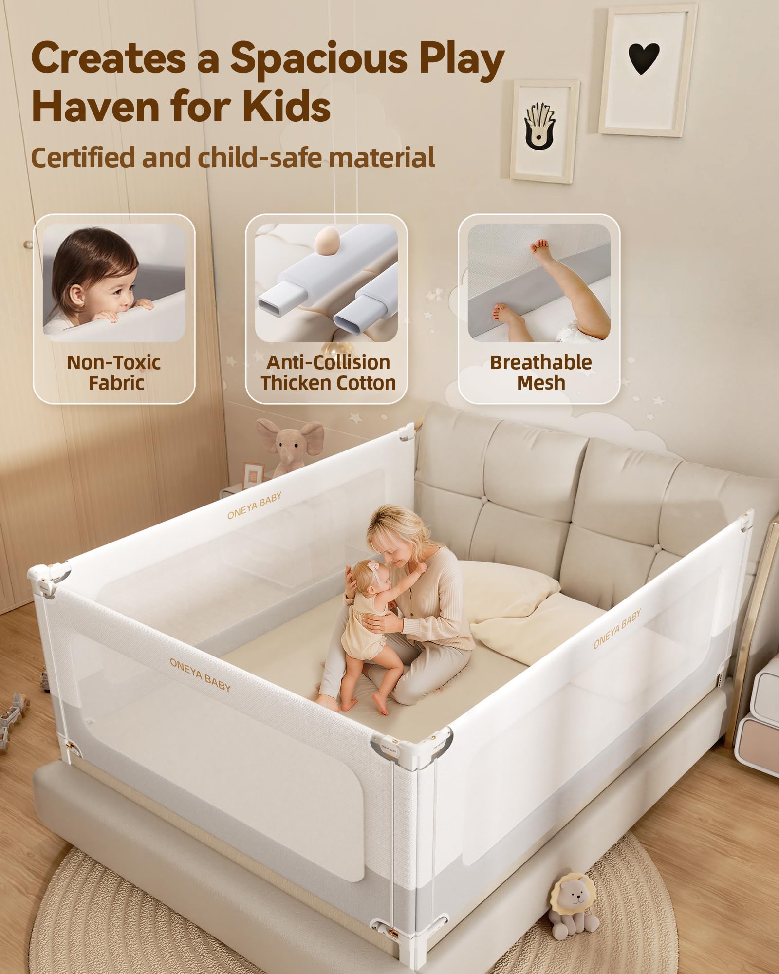 Oneya Baby bed rails queen height-adjustment image shows 24 levels for mattress variety