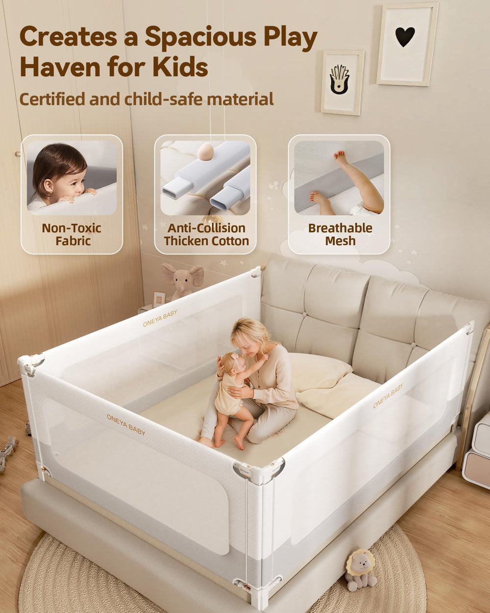 Oneya Baby bed rails queen height-adjustment image shows 24 levels for mattress variety