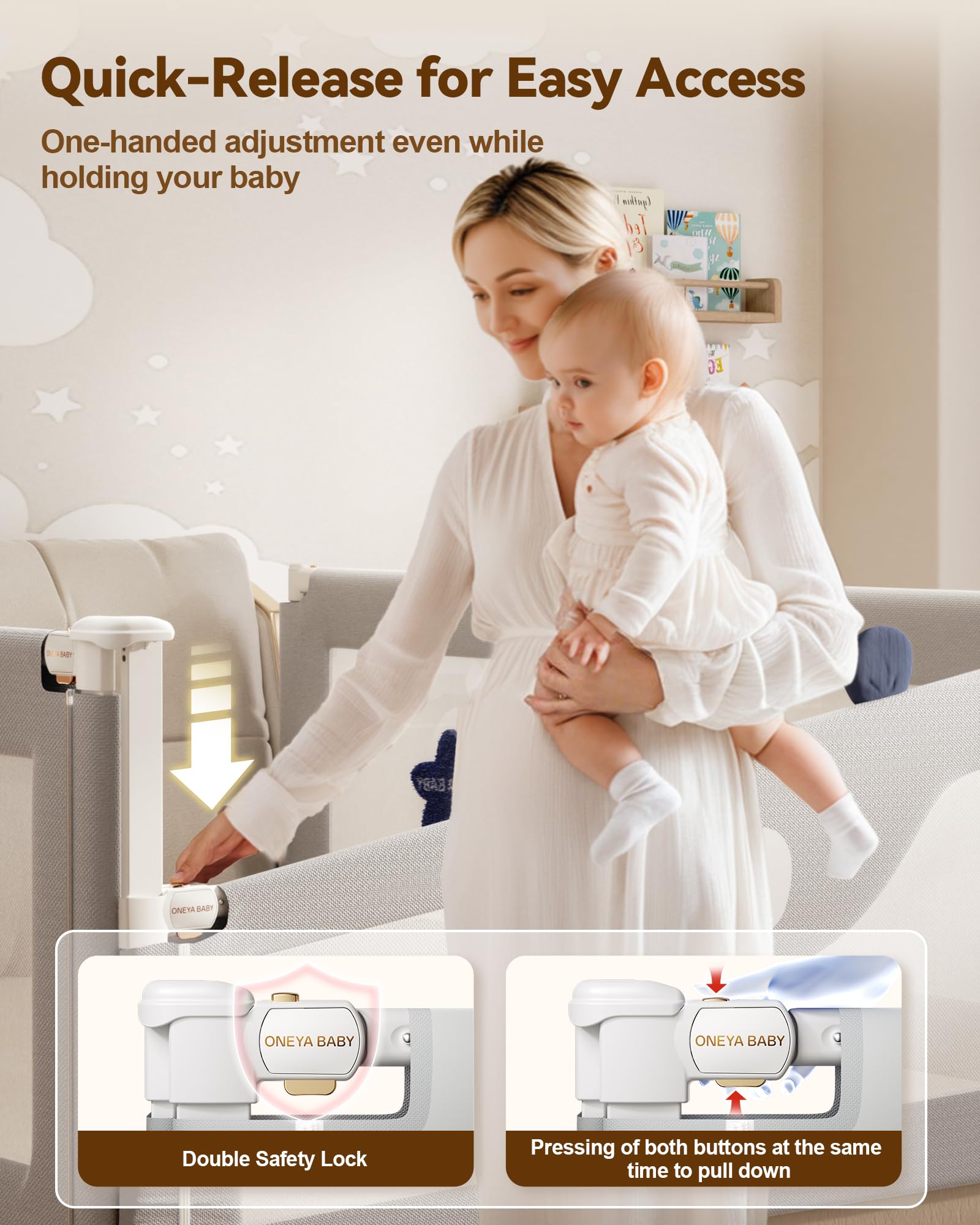 ONEYA BABY single-side lift eases sheet changes without removing the rail