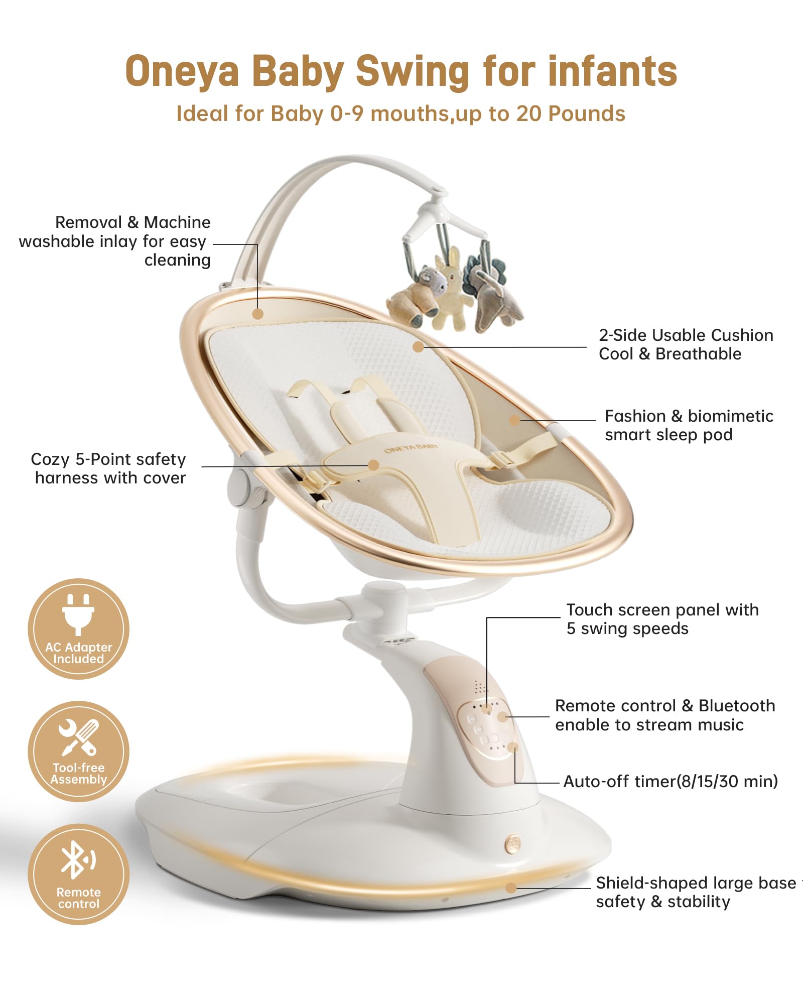 ONEYA BABY Swing with five-point harness secures baby during rocking.