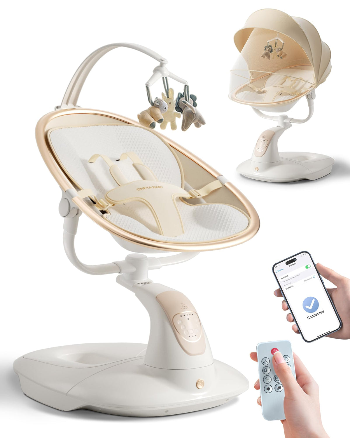 ONEYA BABY Swing shield-base offers stable seating for infants.