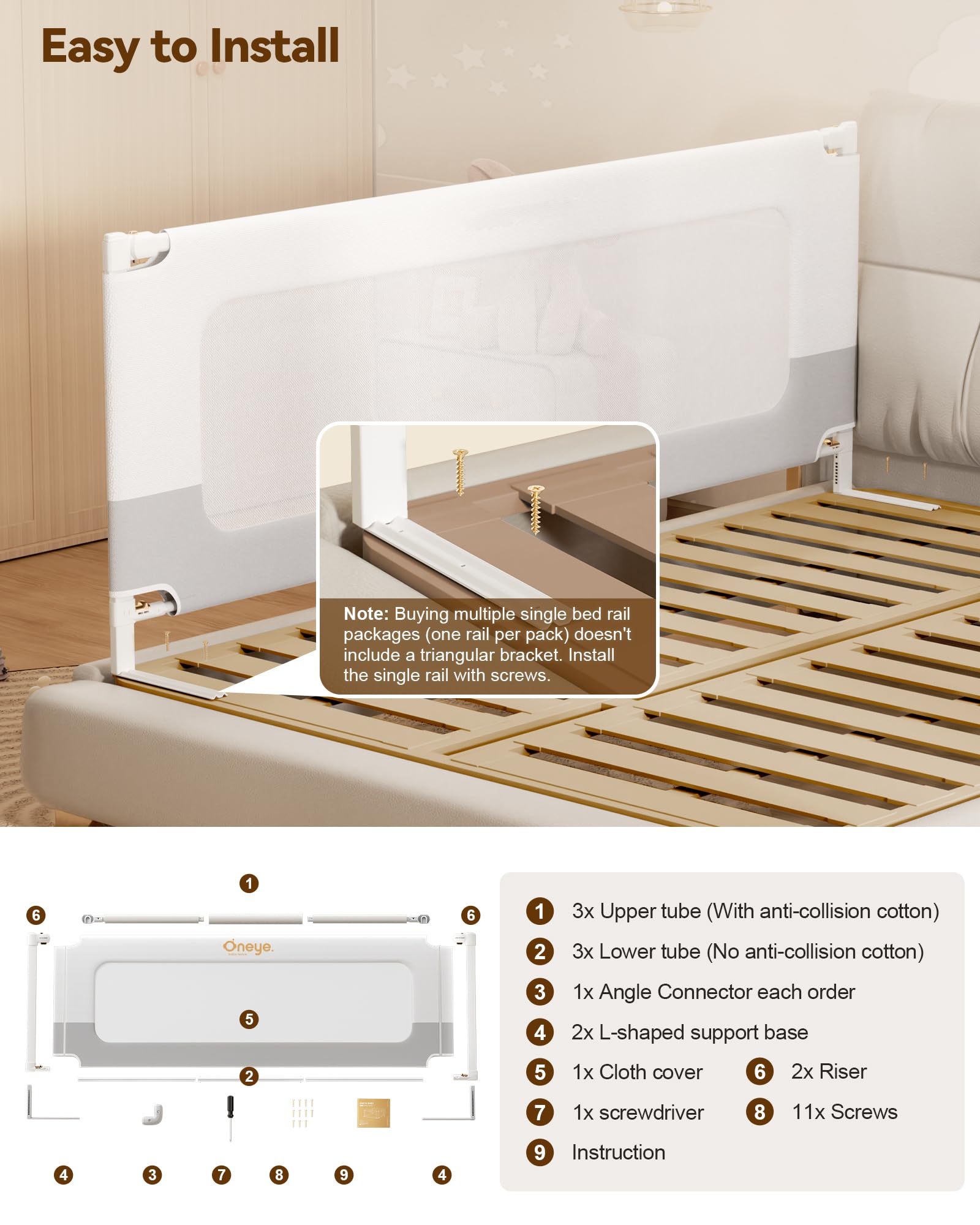 Oneya Baby bed rail fits 39 to 78.7 inch beds including queen and king.