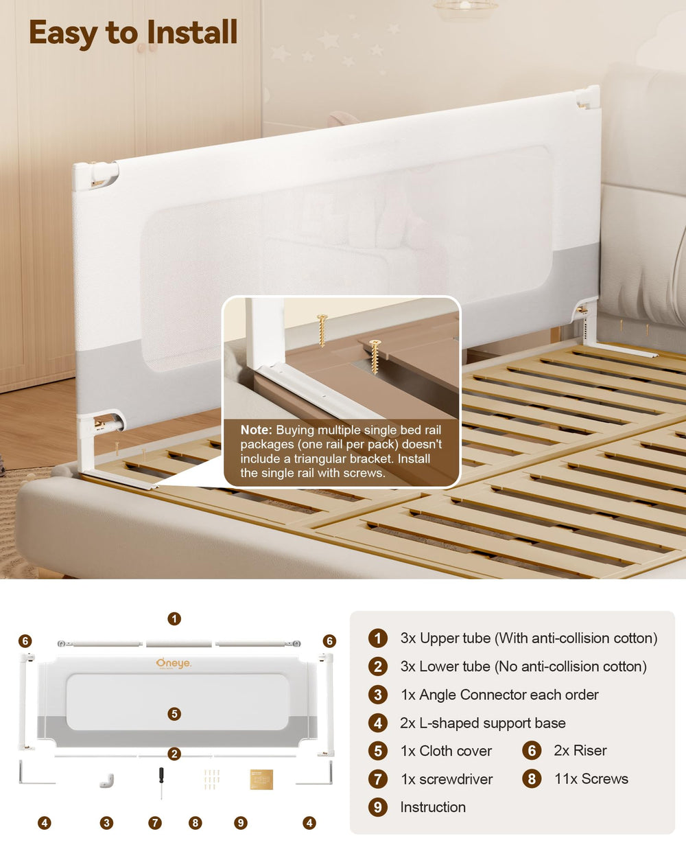 Oneya Baby bed rail fits 39 to 78.7 inch beds including queen and king.