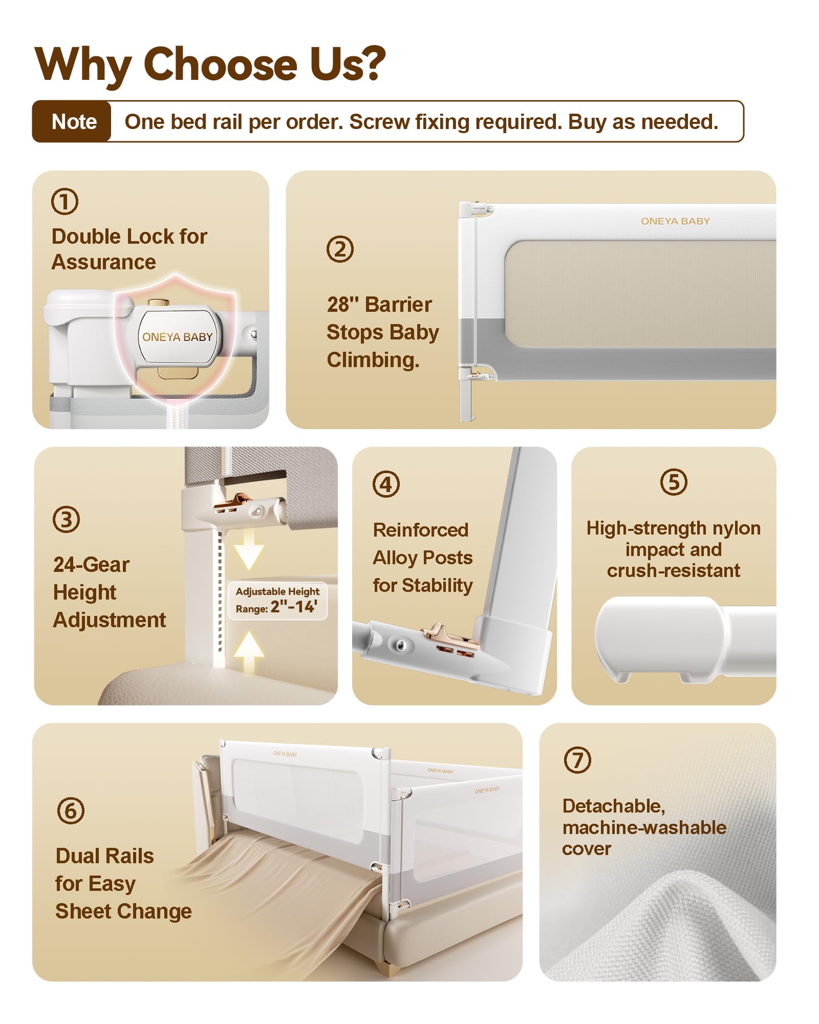 Oneya Baby bed rail carbon steel construction offers greater durability and stability.