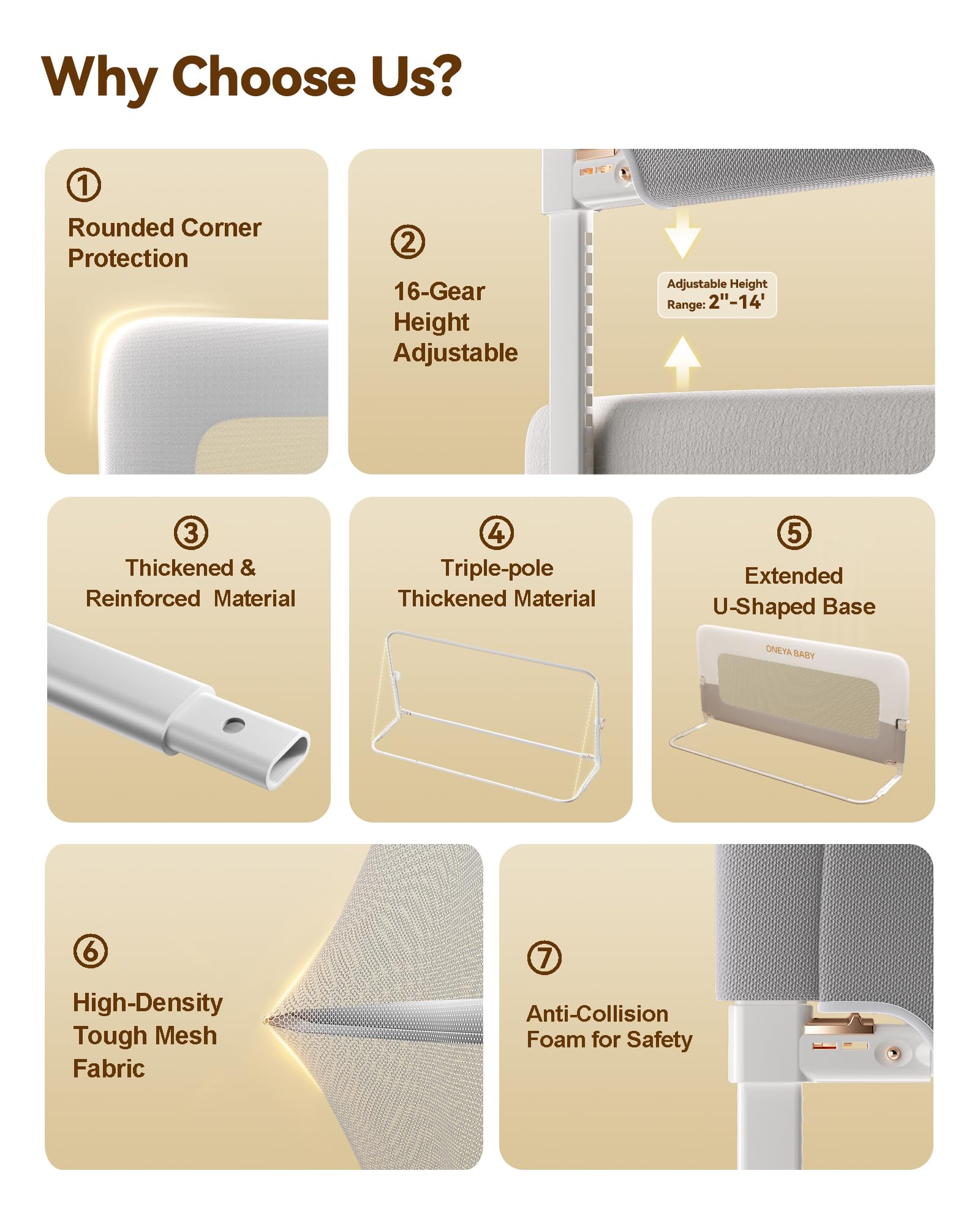 ONEYA BABY thick carbon steel frame ensures durable bedside safety.