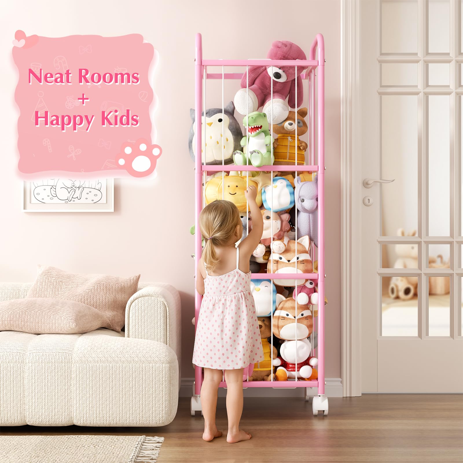 Oneyus cage stores jumbo 24-inch bears and 50+ plushies, reducing clutter.