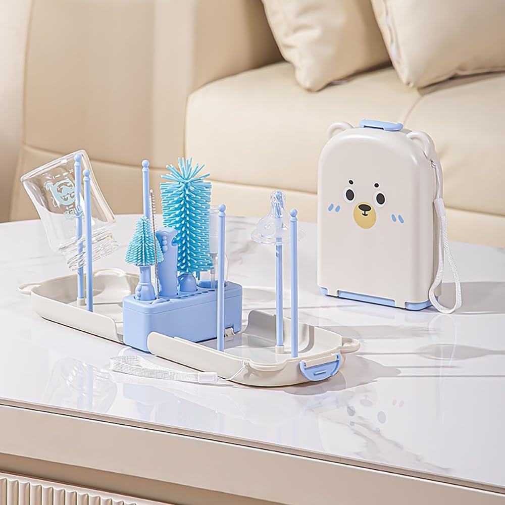 Onluckdeer 6-in-1 portable bottle cleaning set in blue, silicone brushes enable thorough cleaning.