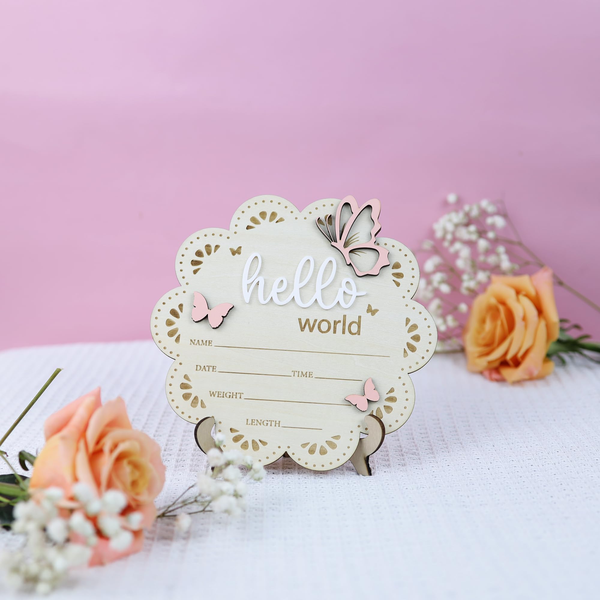 ONNIBE baby announcement sign butterfly closeup woodgrain shows durable keepsake