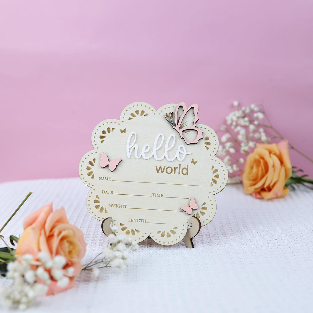 ONNIBE baby announcement sign butterfly closeup woodgrain shows durable keepsake