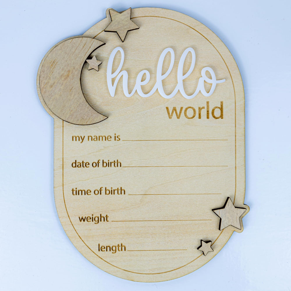 ONNIBE wooden baby announcement sign with Hello World motif for newborn photo shoots.
