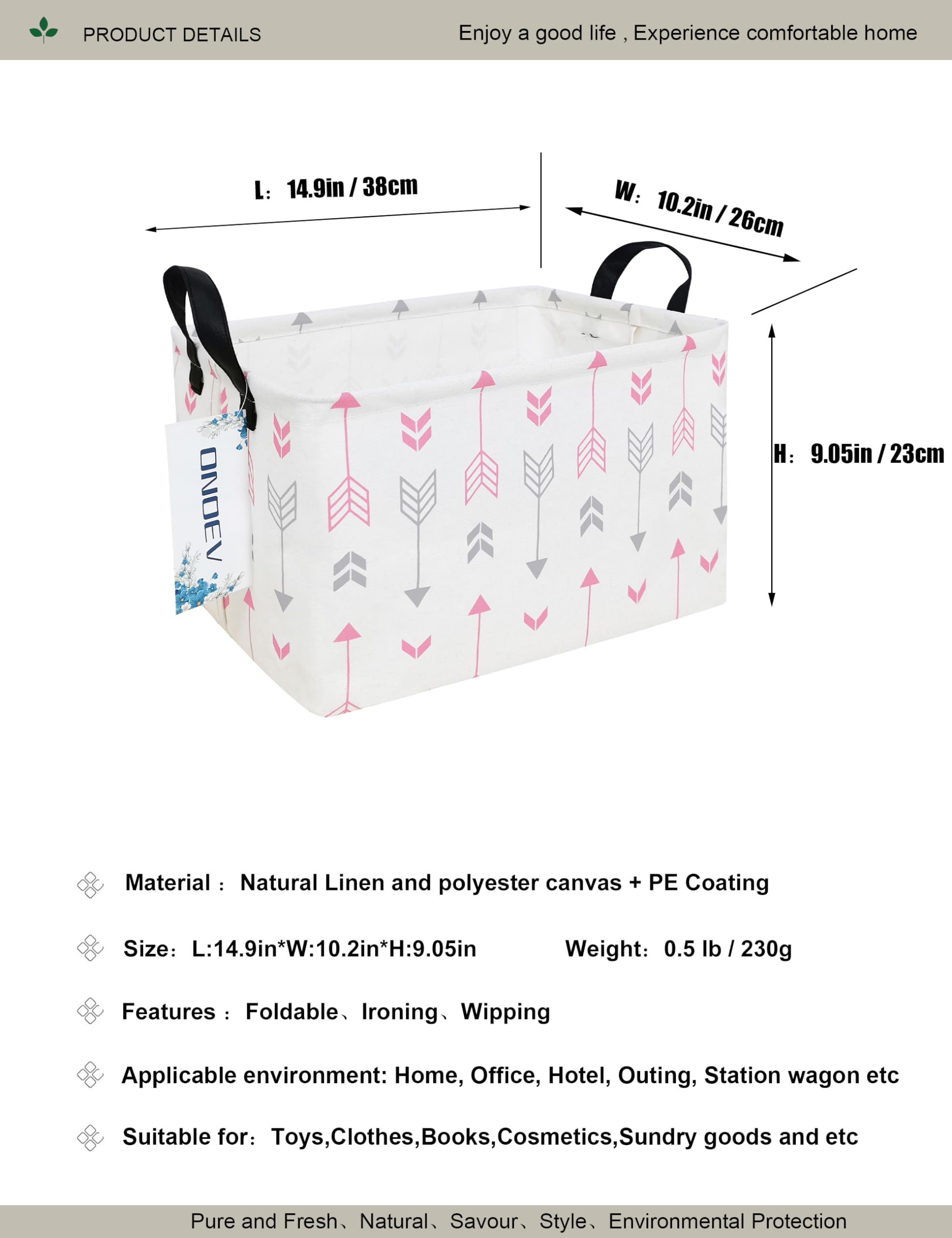 ONOEV collapsible basket with side handles, easy transport for toys or books.