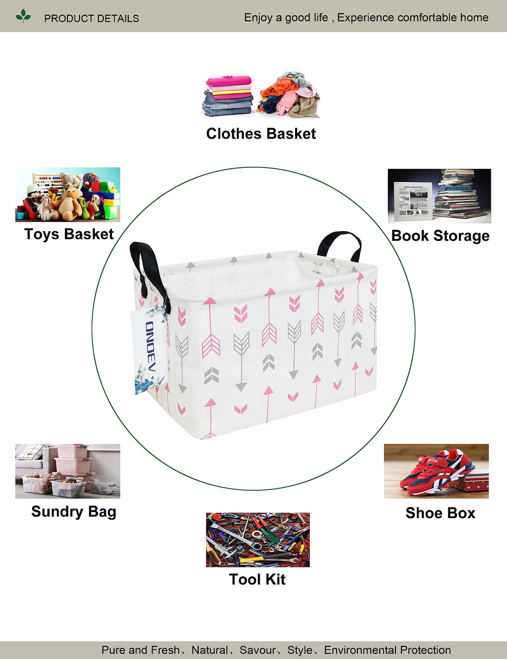 ONOEV waterproof canvas storage basket with pink arrow, protects items from moisture.