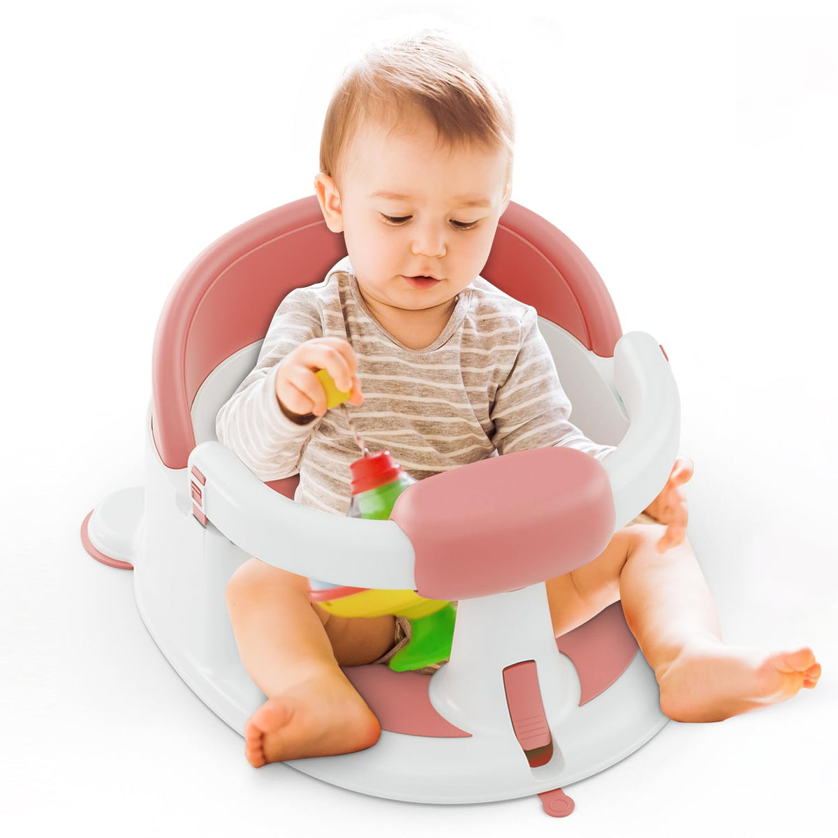 ONTHEWEI baby bath seat pink front view shows stable support for easy, enjoyable bath time.