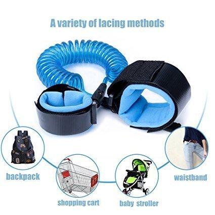 Onwon safety wrist strap blue image shows parent proximity during errands and park visits