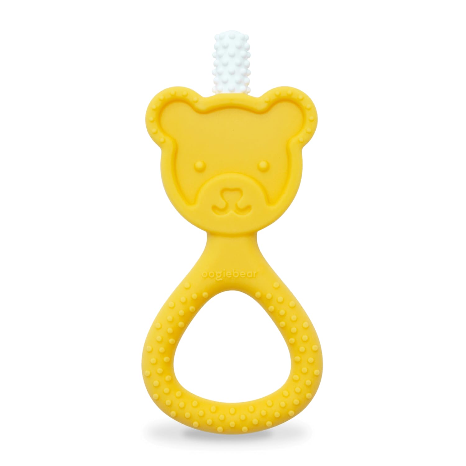 oogiebear 360° teether yellow baby hand holding demonstrates easy grip for tiny fingers.