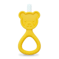 oogiebear 360° teether yellow baby hand holding demonstrates easy grip for tiny fingers.