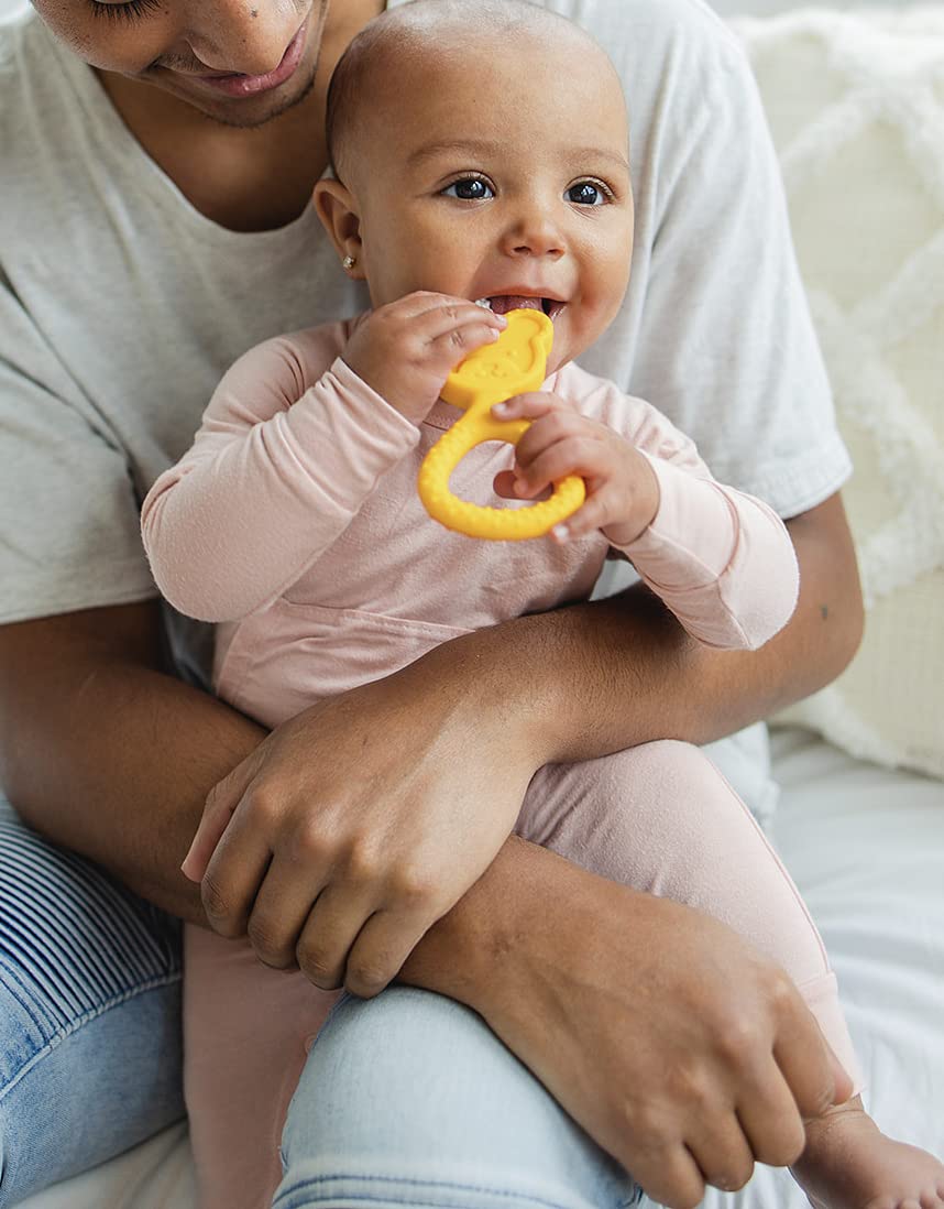 oogiebear 360° teether yellow close-up focuses on bristles for tactile sensory teething.
