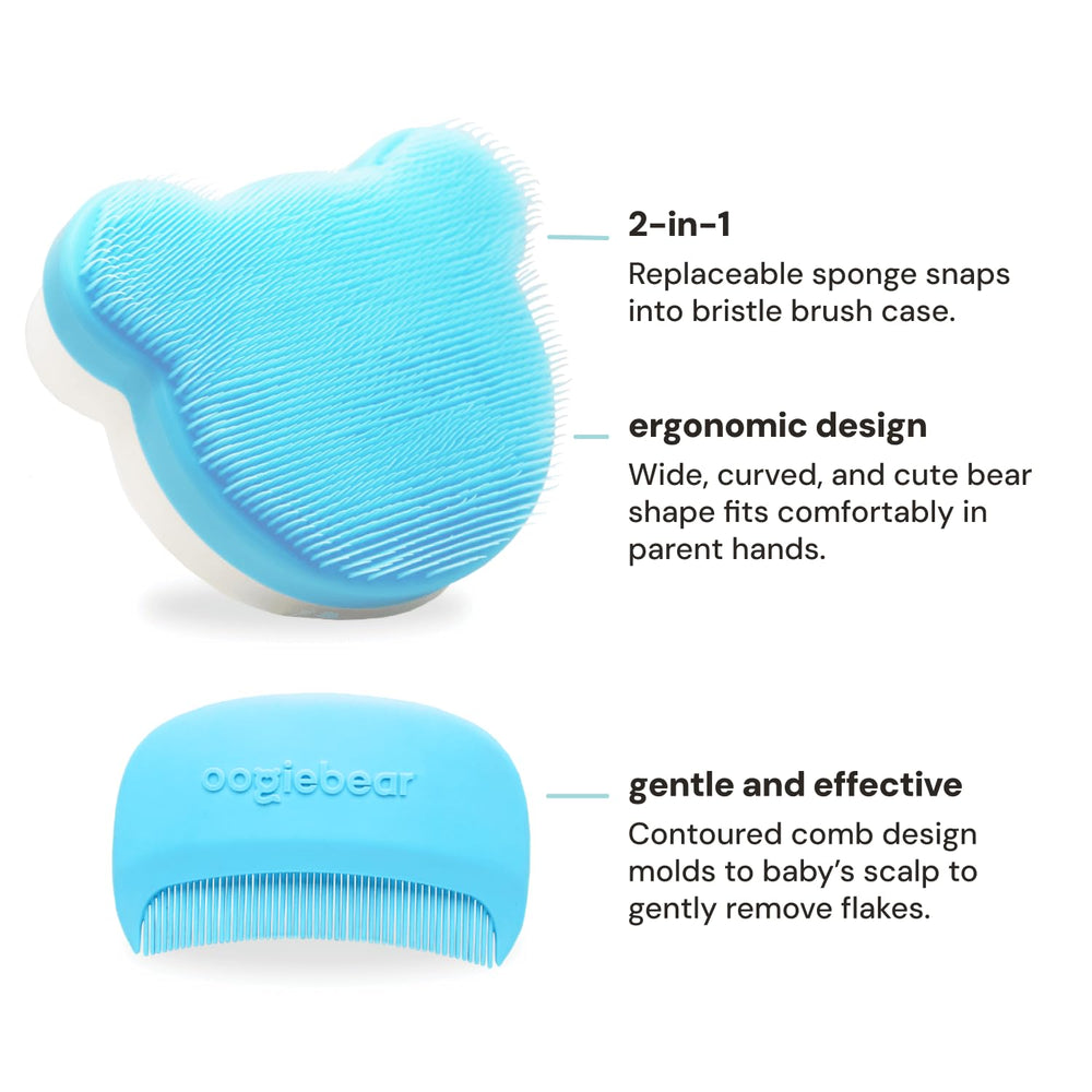 oogiebear cradle-cap brush kit brush close-up demonstrates soft bristles for flakes loosening