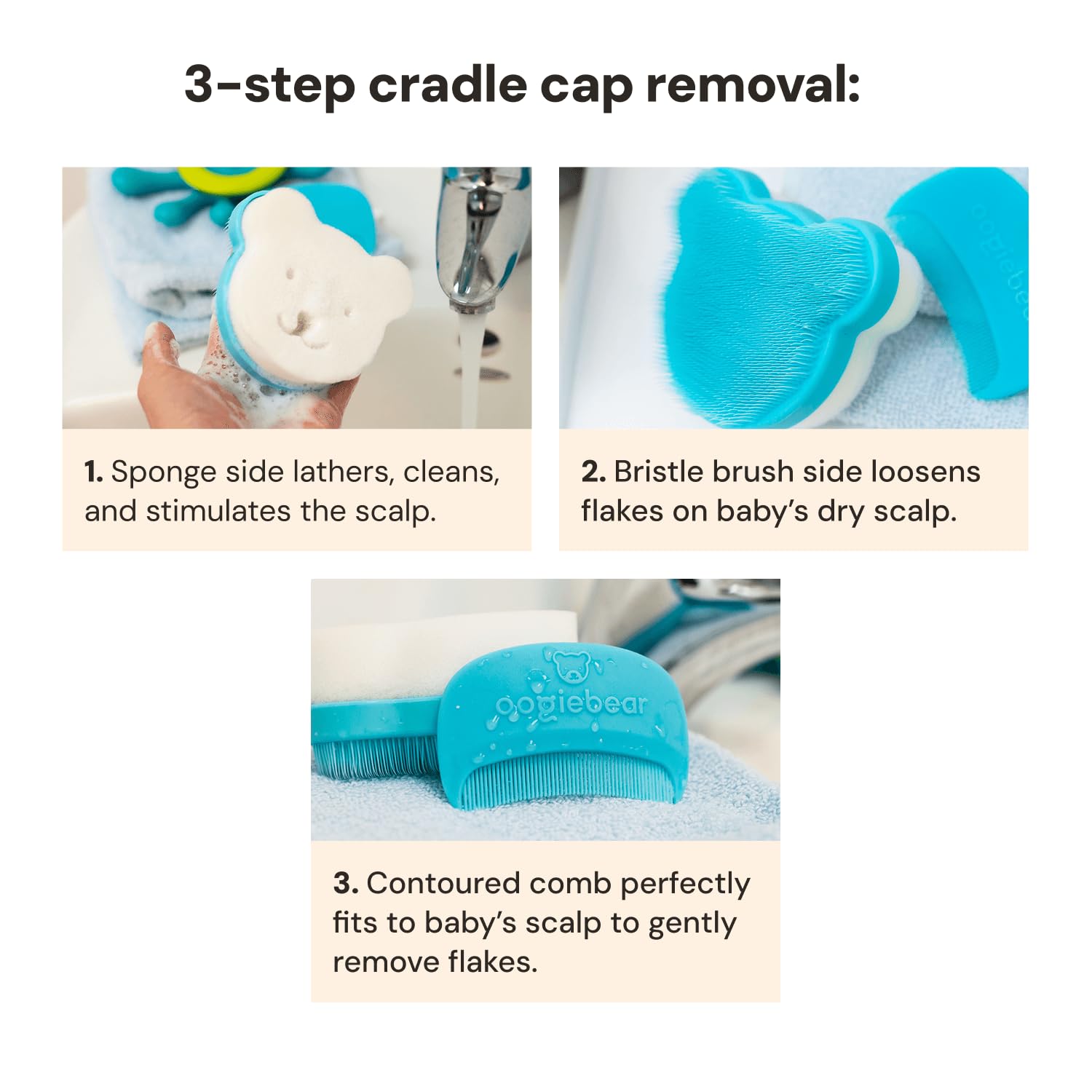 oogiebear cradle-cap brush kit comb close-up highlights curved edge for safe flake removal