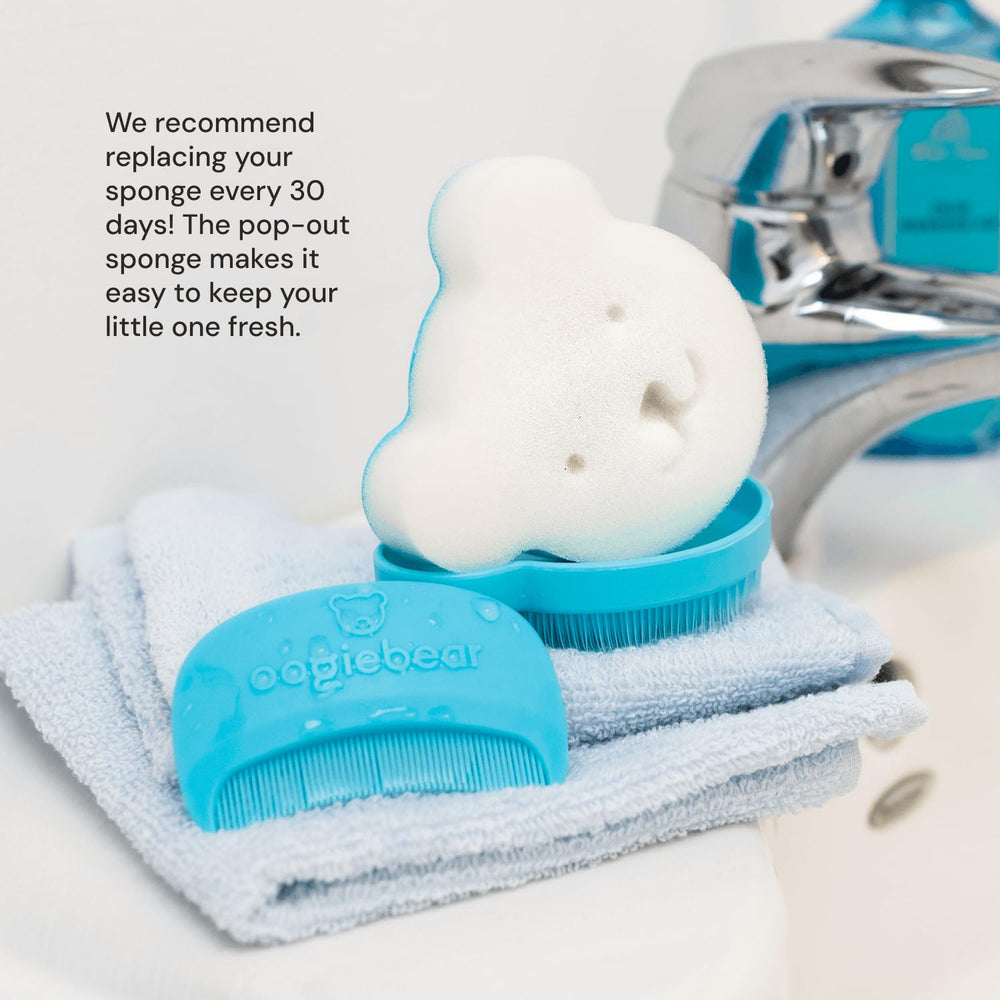 oogiebear cradle-cap brush kit sponge-in-use demonstrates lathering for soothing scalp care