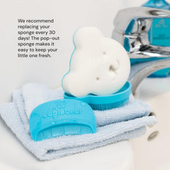 oogiebear cradle-cap brush kit sponge-in-use demonstrates lathering for soothing scalp care