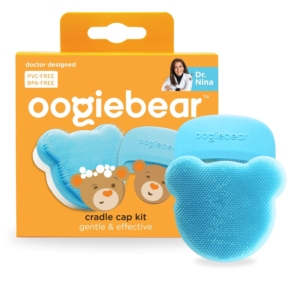 oogiebear cradle-cap brush kit sponge close-up shows gentle cleansing for delicate baby skin