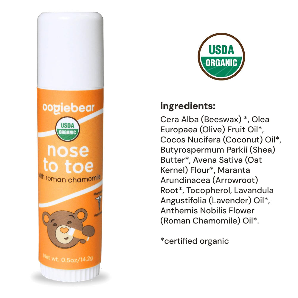Oogiebear balm application on dry noses, cheeks, and lips for daily care.