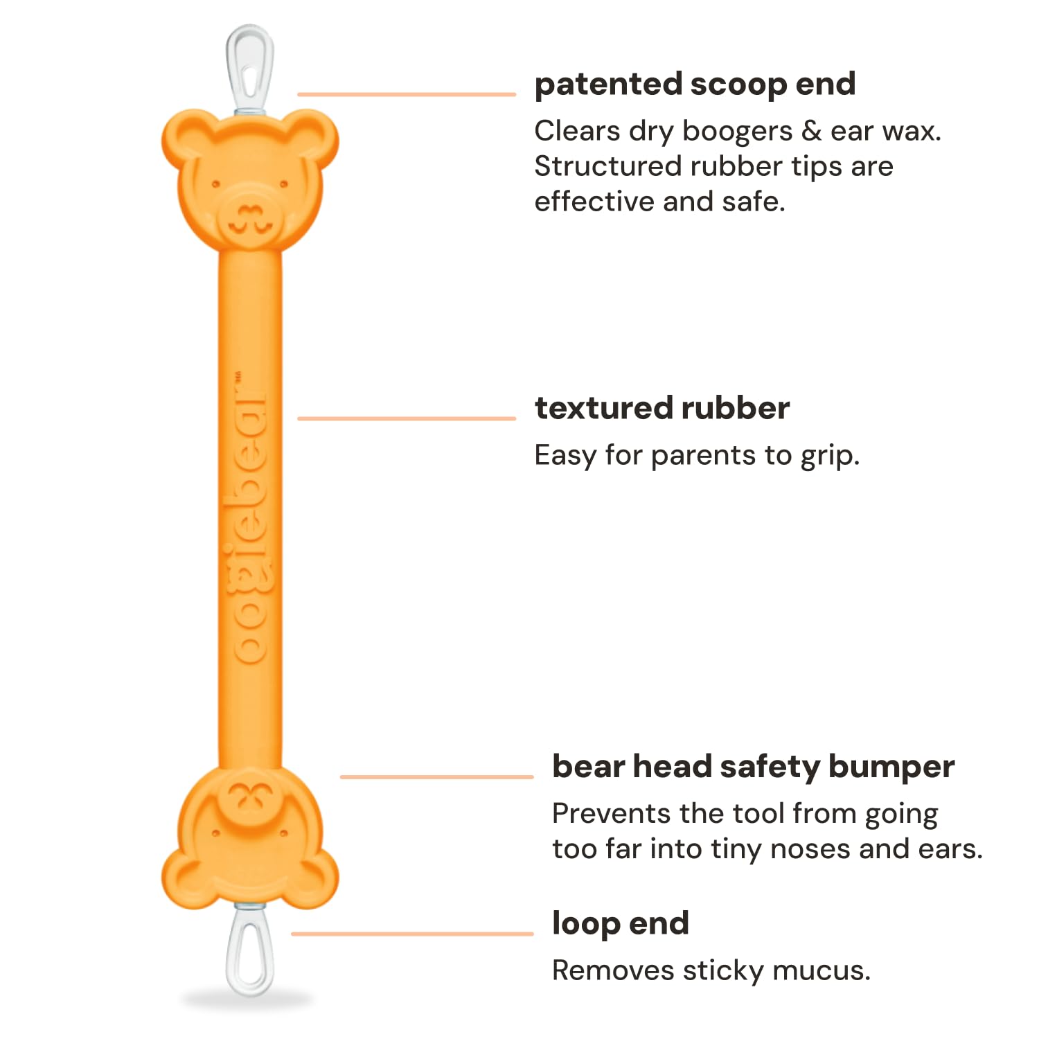oogiebear patented scoop tip removes dried boogers safely during quick cleanups.