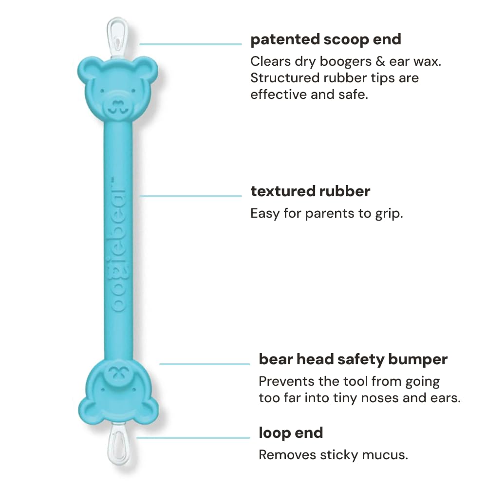 The oogiebear scoop end removes dried boogers safely for quick cleansing.
