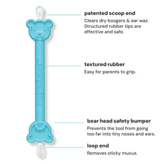 The oogiebear scoop end removes dried boogers safely for quick cleansing.