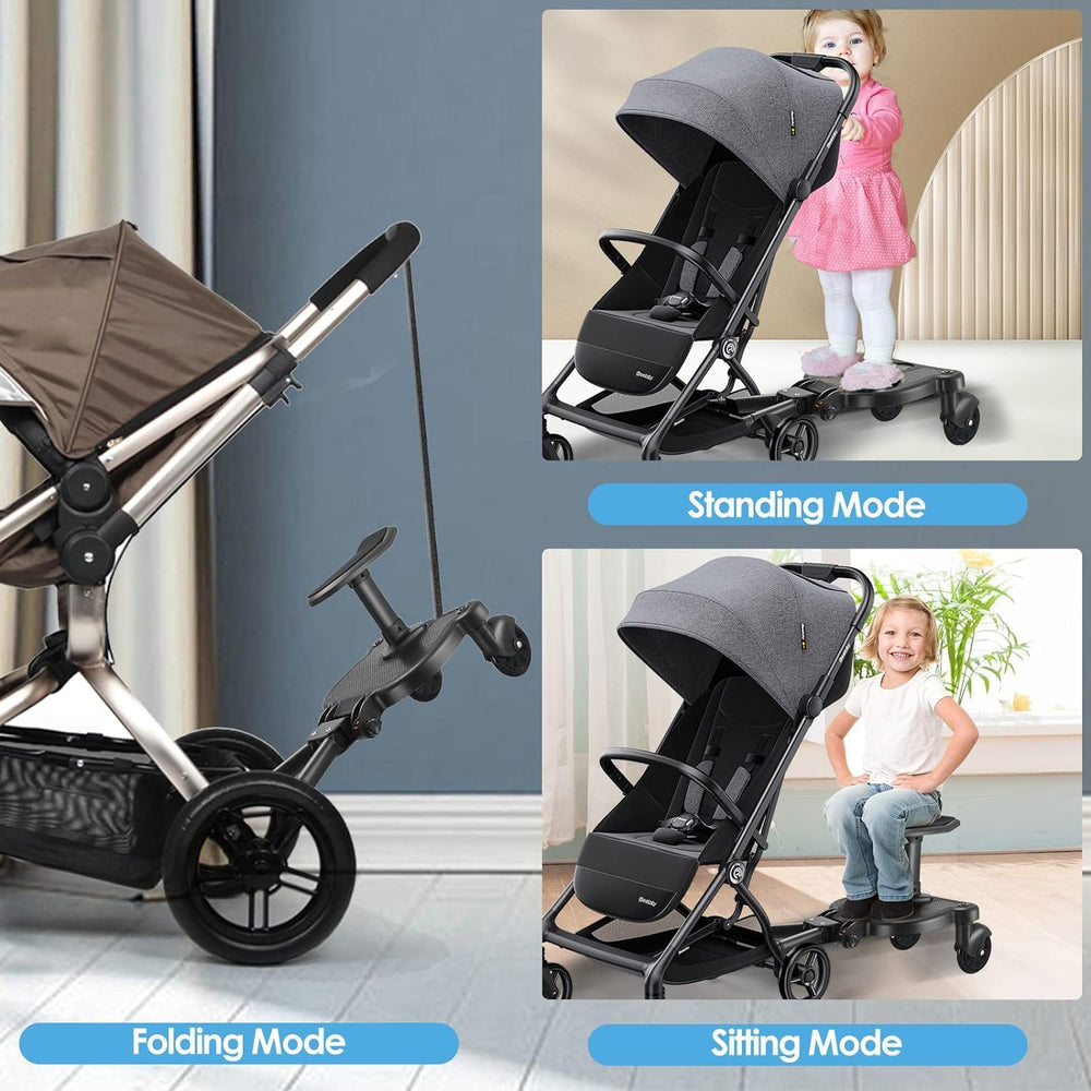Opdzivk universal stroller board in use shows smooth wheels guiding strolls on sidewalk.
