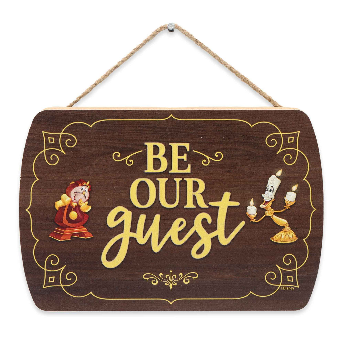 Open Road Brands Be Our Guest wall decor wood sign closeup highlighting classic typography on wood grain