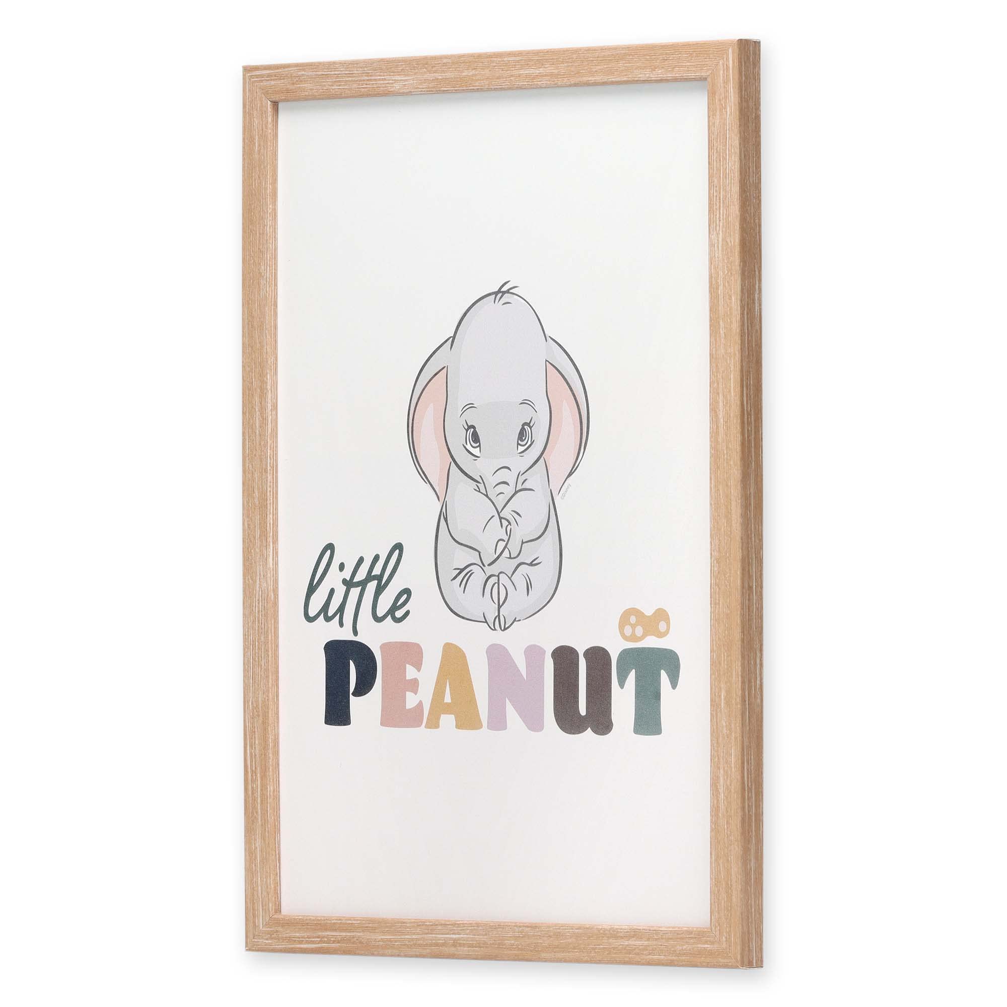 Open Road Brands Disney Dumbo wall art with baby Dumbo and peanut motif in a light frame.