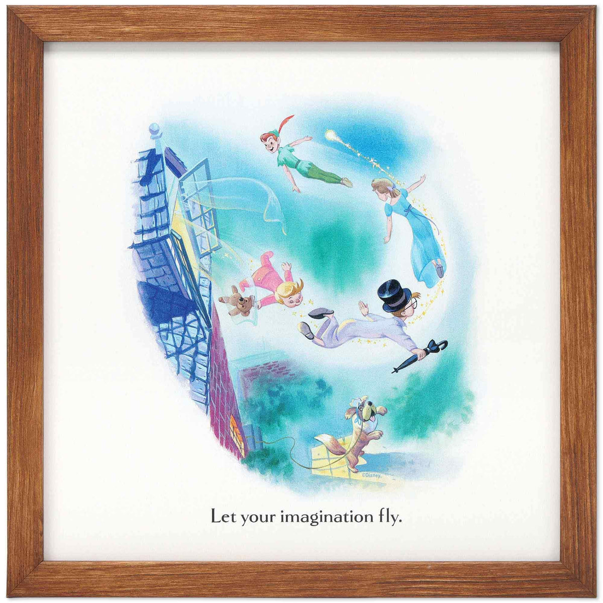 Open Road Brands Disney Peter Pan framed wall art featuring Peter Pan for kids' rooms.
