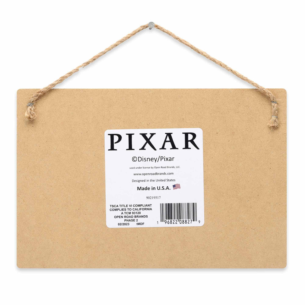 Open Road Brands Disney Cars wooden wall sign with rope hanger for easy mounting.