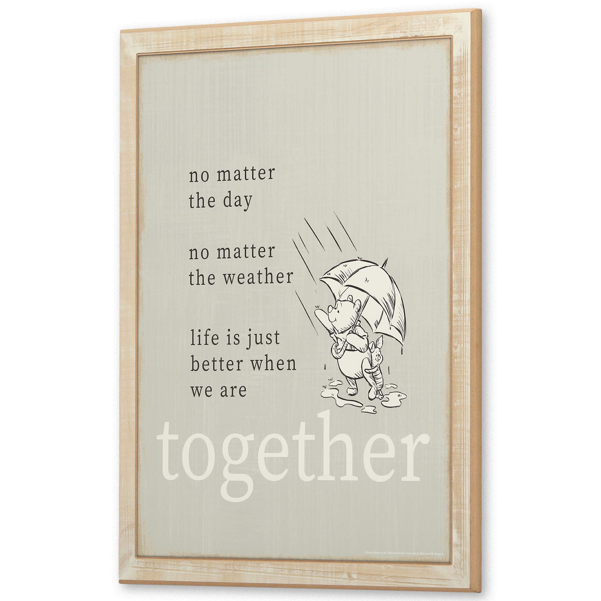 Open Road Brands Disney Winnie the Pooh and Piglet wall art with a washed wood frame adds playroom charm.