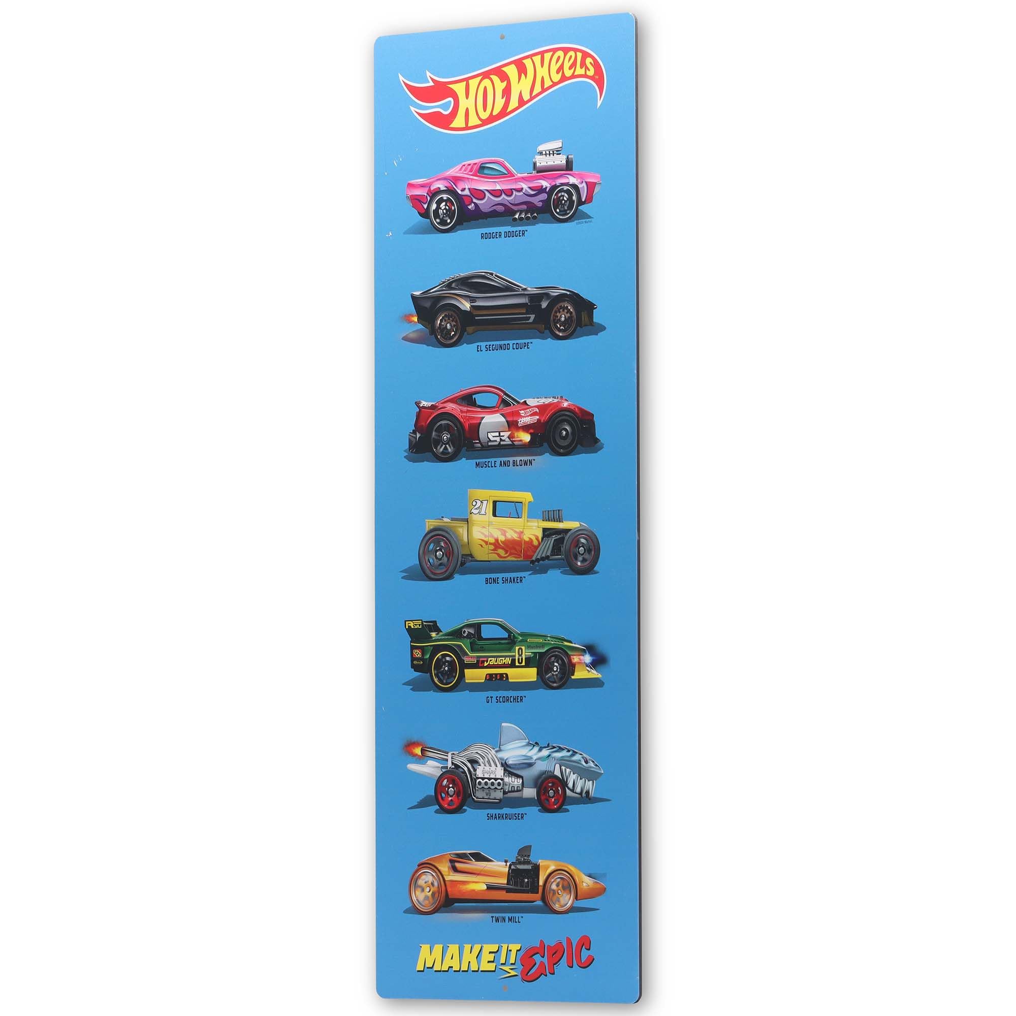 Open Road Brands Hot Wheels vertical lineup highlights classic cars for playroom inspiration.