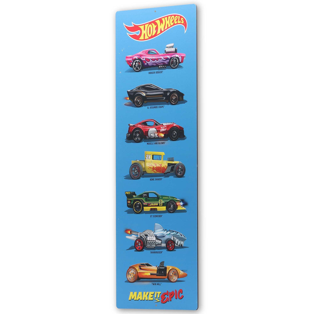Open Road Brands Hot Wheels vertical lineup highlights classic cars for playroom inspiration.