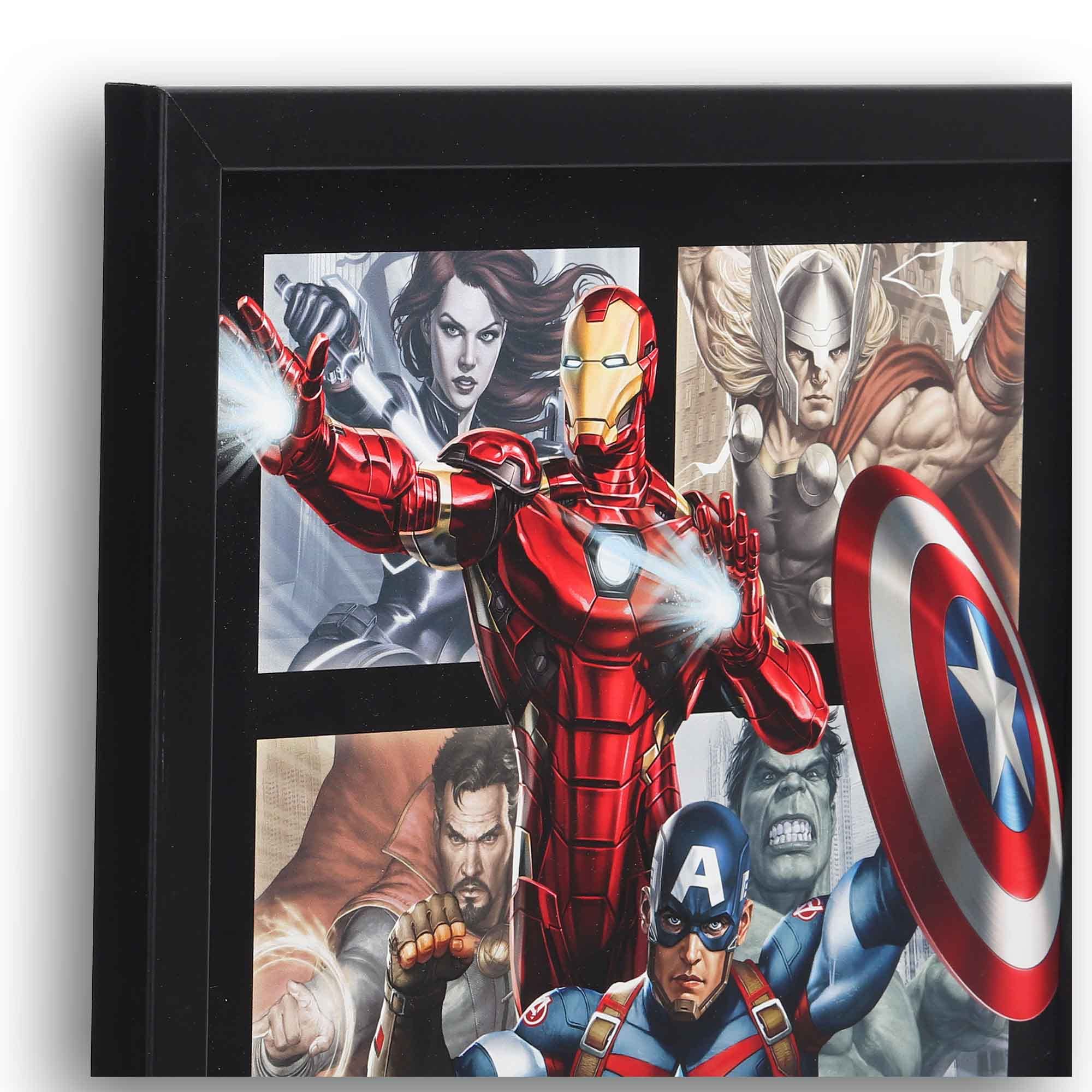 Open Road Brands Marvel Avengers framed wood wall decor portrays dynamic hero pose for home theaters.