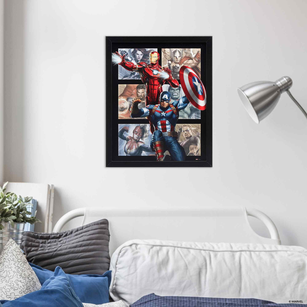 Open Road Brands Marvel Avengers framed wood wall decor in a durable MDF frame for long-lasting display.