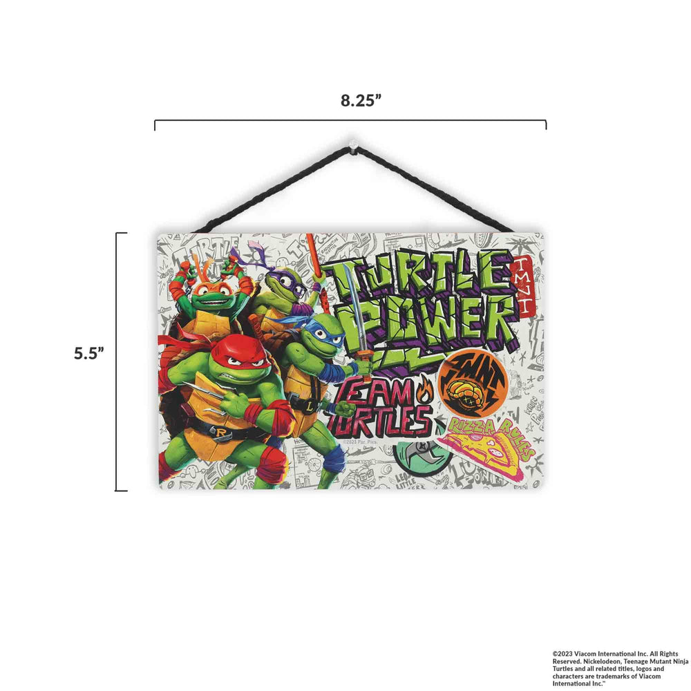 Open Road Brands TMNT hanging sign measures 8.25 by 5.5 inches for compact display.