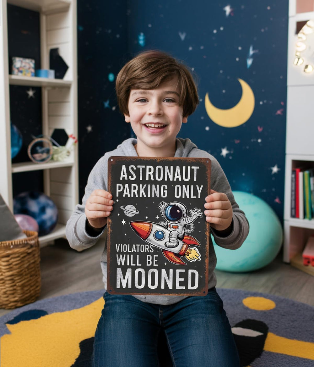 Opix Design Astronaut Parking Sign durable aluminum—long-lasting wall art